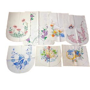 Lot of 7 Vtg Handmade Liquid Embroidery Floral Dresser Scarves Table Runners